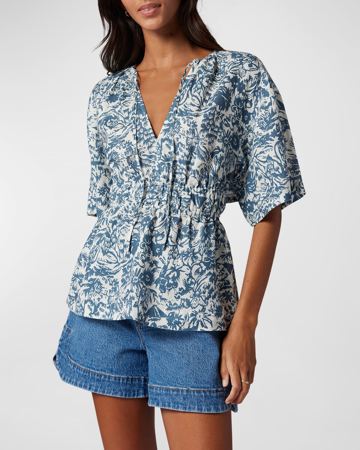 Joie Renae Linen Floral Top In Porcelain And Ind