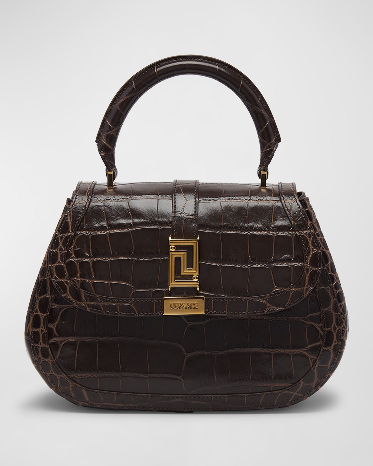 Greca Goddess Medium Croc-Embossed Top-Handle Bag