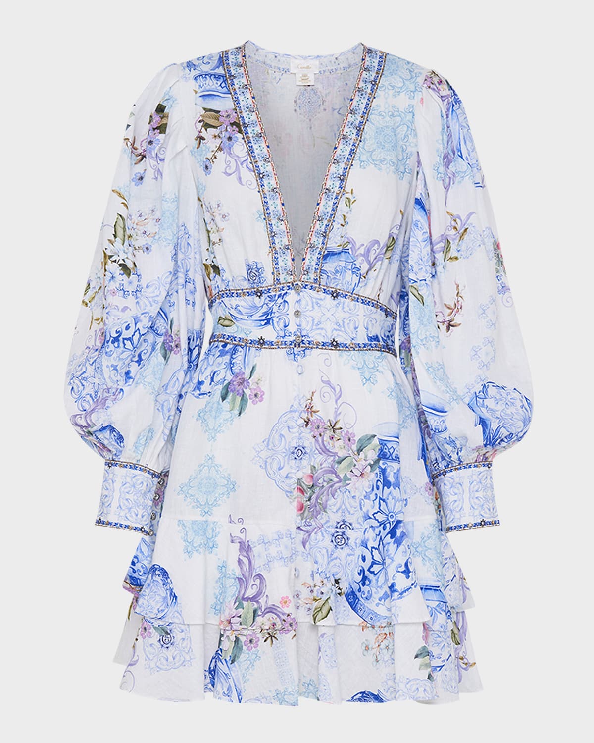 Camilla Paint Me Positano Button-front Frill Mini Dress In Paint Me Positano