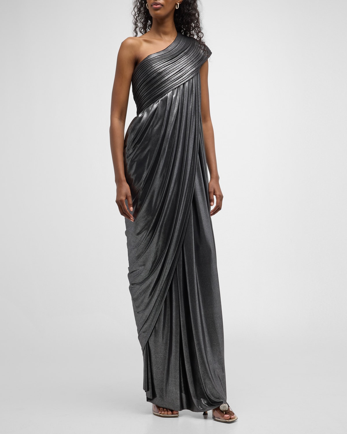 Metallic One-Shoulder Sculpted Pleated Gown
