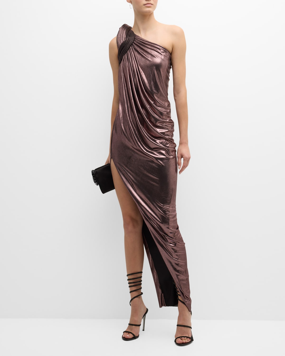 One-Shoulder Draped Metallic Jersey Cocktail Gown