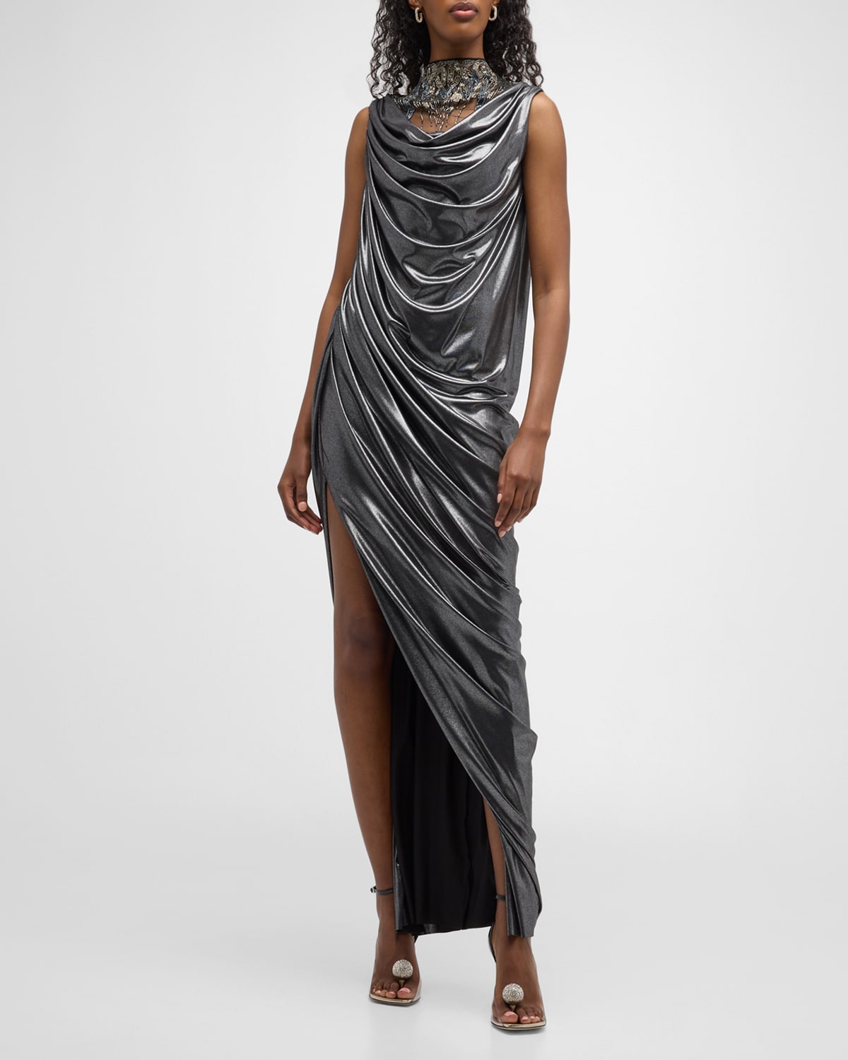 Metallic Beaded Cowl-Illusion Sleeveless Draped Gown