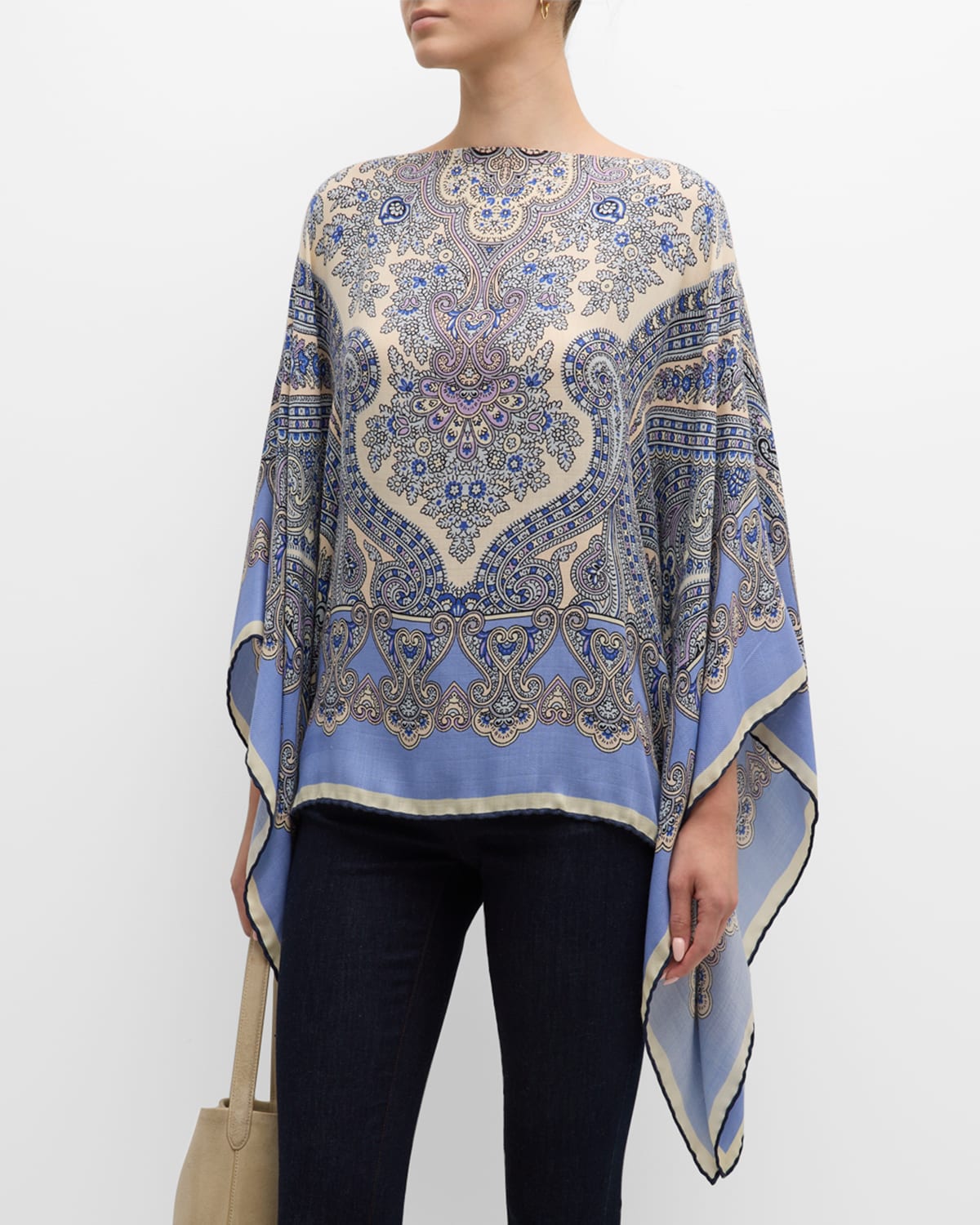 Rani Arabella Paisley Cashmere & Silk Poncho In Light Blue