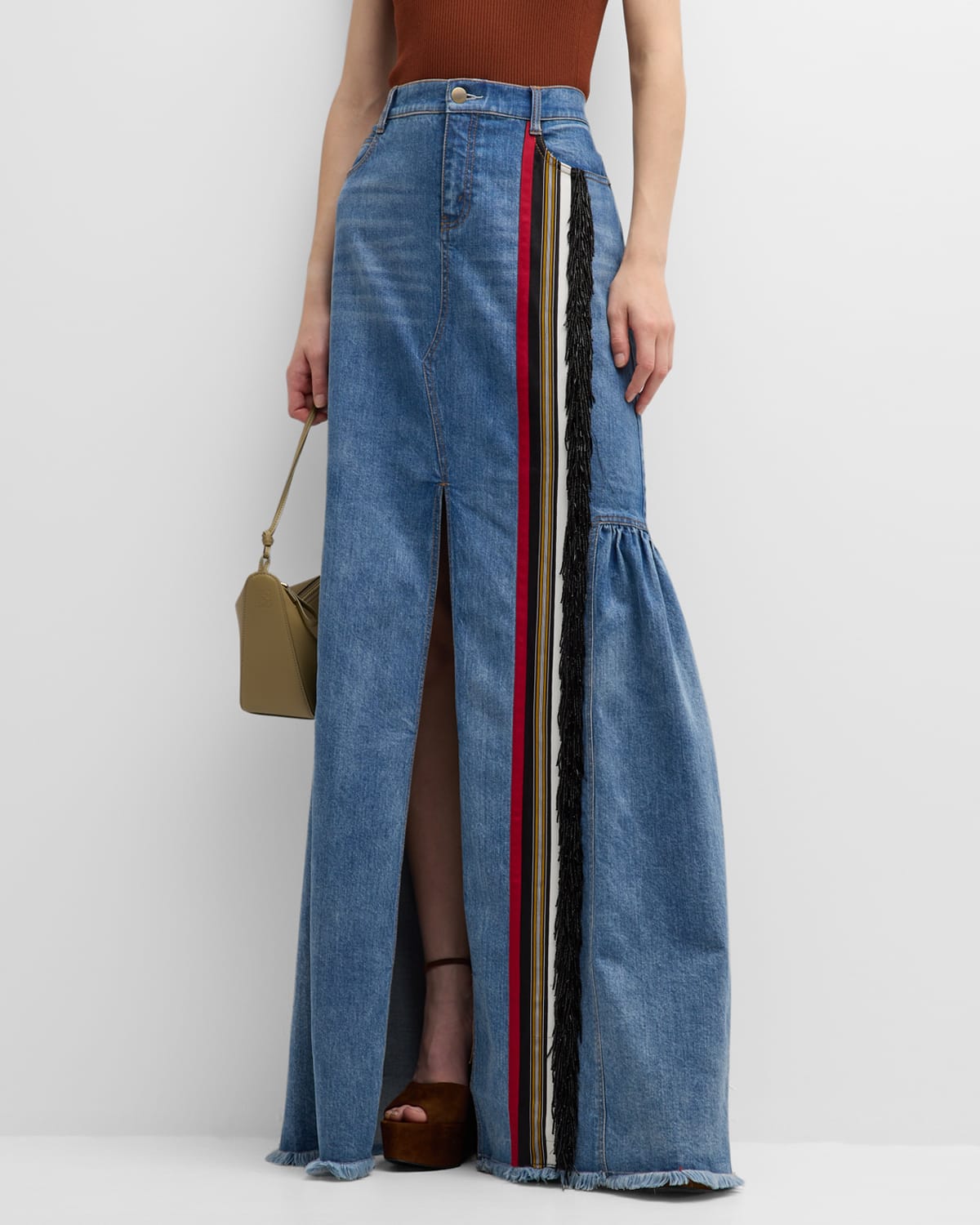 Shop Hellessy Sekiko Striped Ribbon Fringe Slit-front Maxi Denim Skirt In Medium Wash