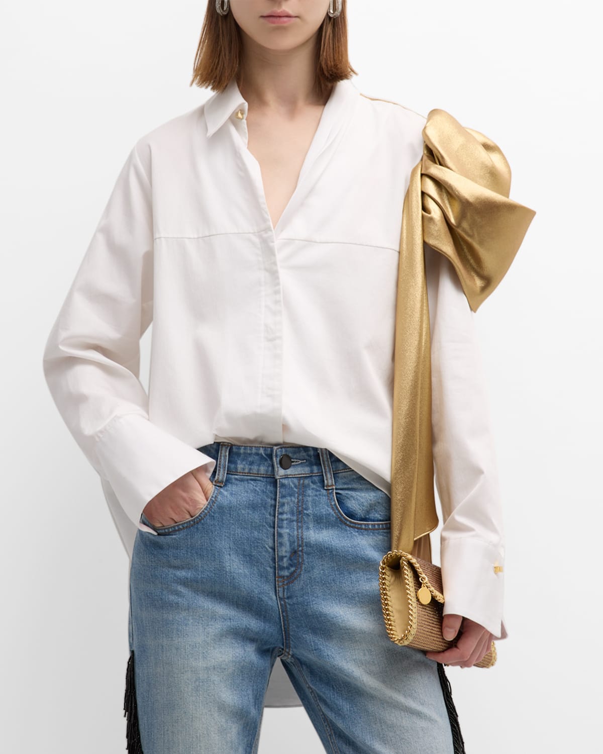 Hellessy Liam Metallic Bustle Collared Shirt In White/gold