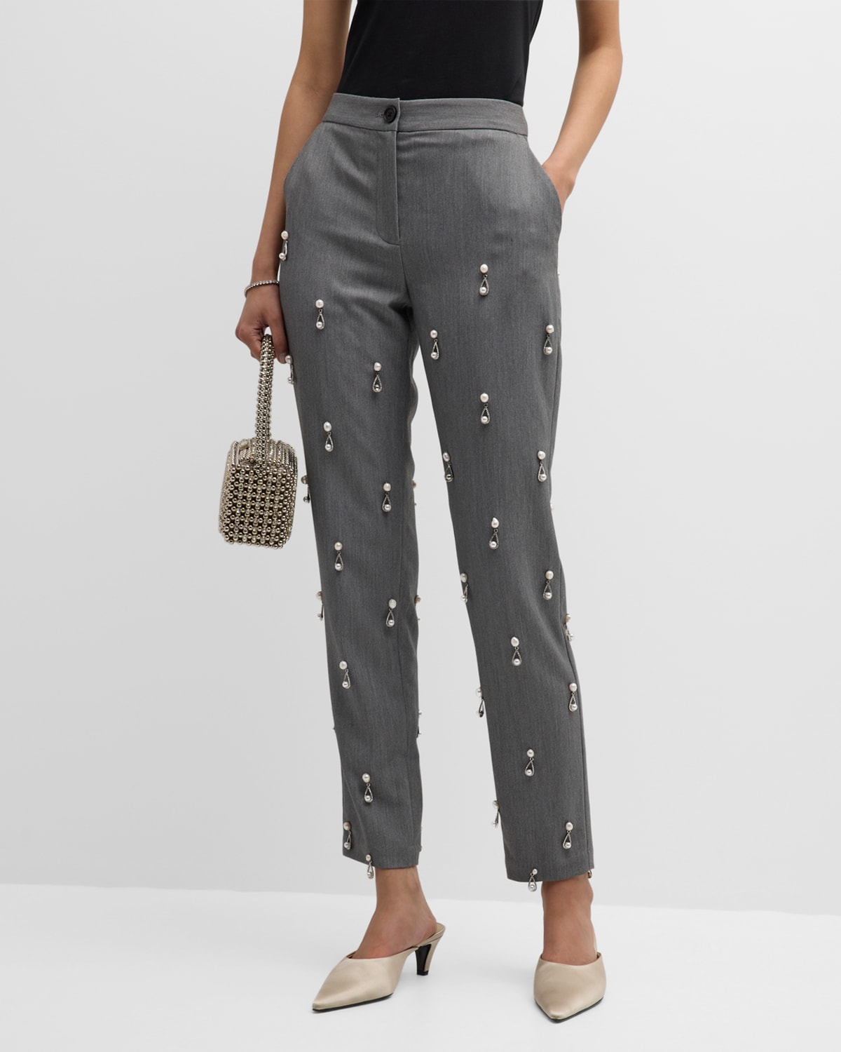 Hellessy Elliott Crystal Pearlescent Embroidered Straight-leg Ankle Pants In Ash Grey