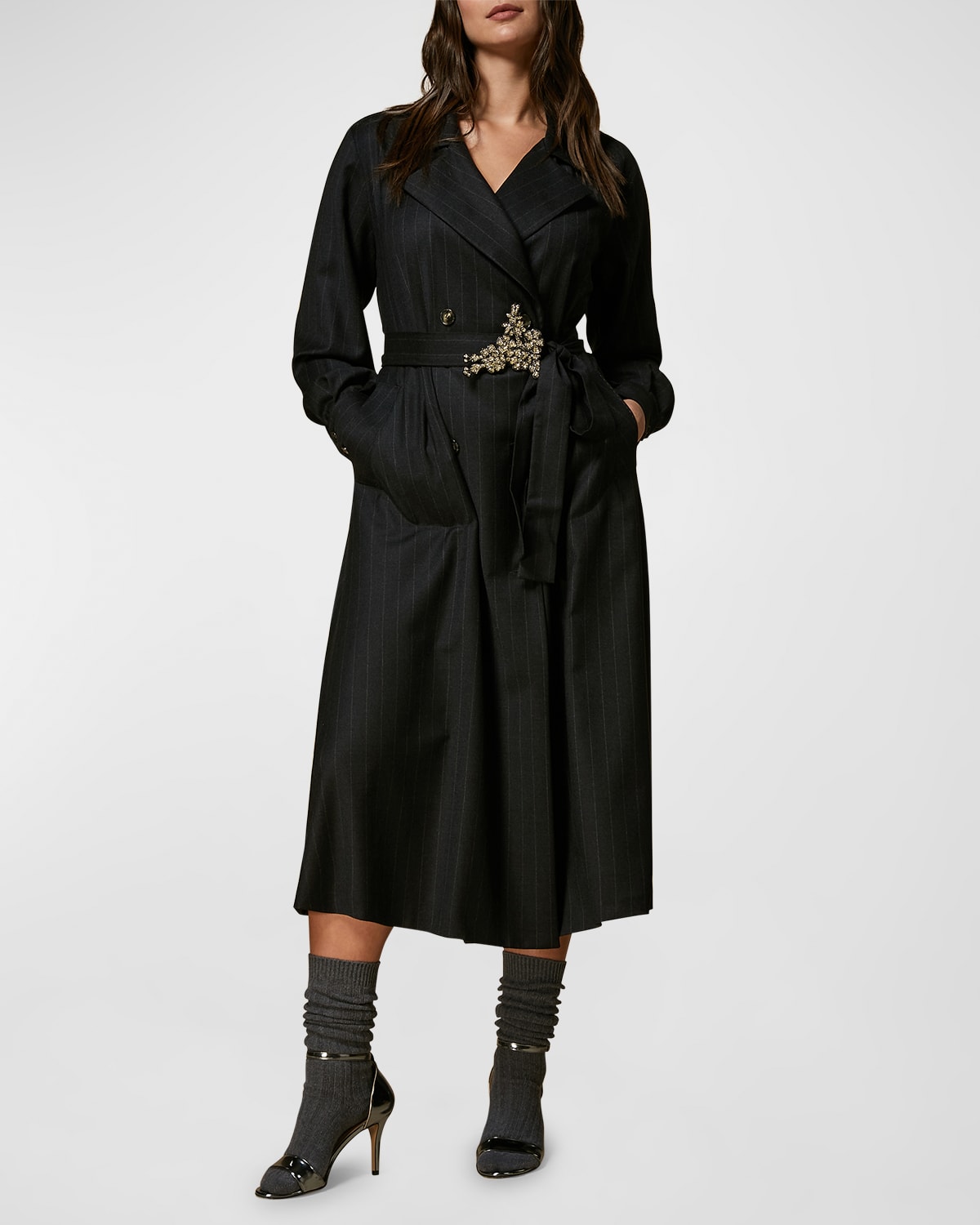 Marina Rinaldi Detroit Pinstripe Double-breasted Coat In Black