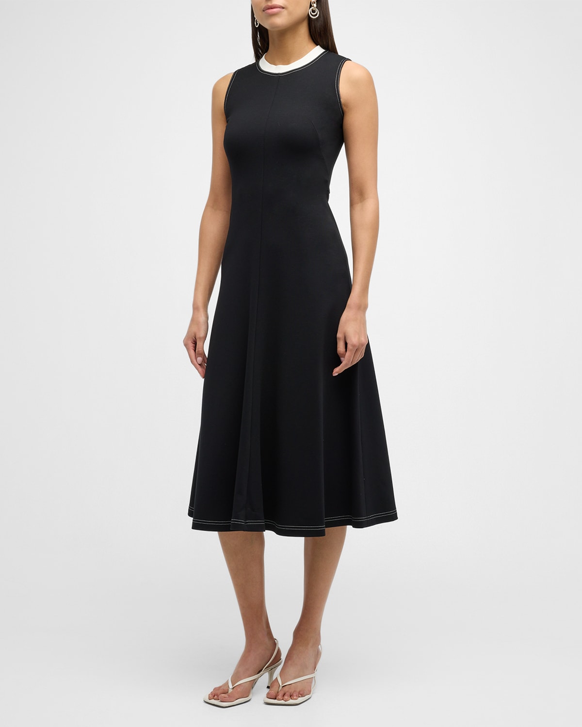 Shop Akris Punto Contrast Neck-trim A-line Sleeveless Midi Dress In Black-white