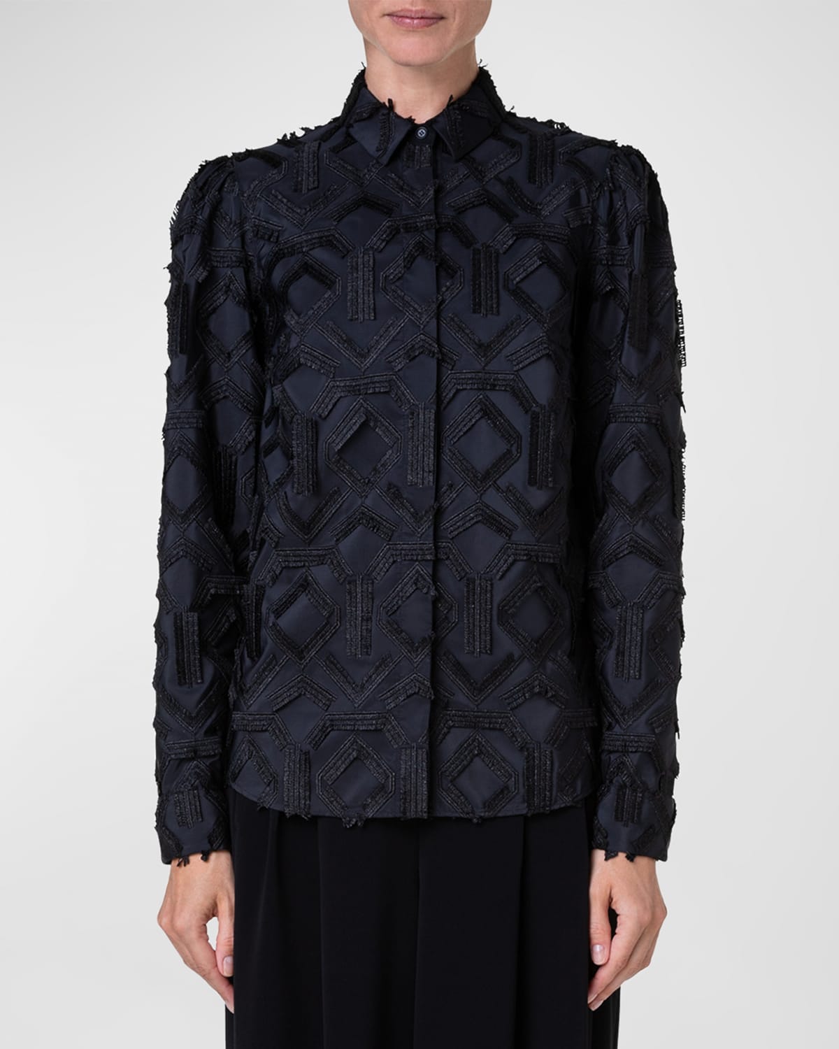 Shop Akris Punto Embroidered Fringe Button-front Blouse In Black