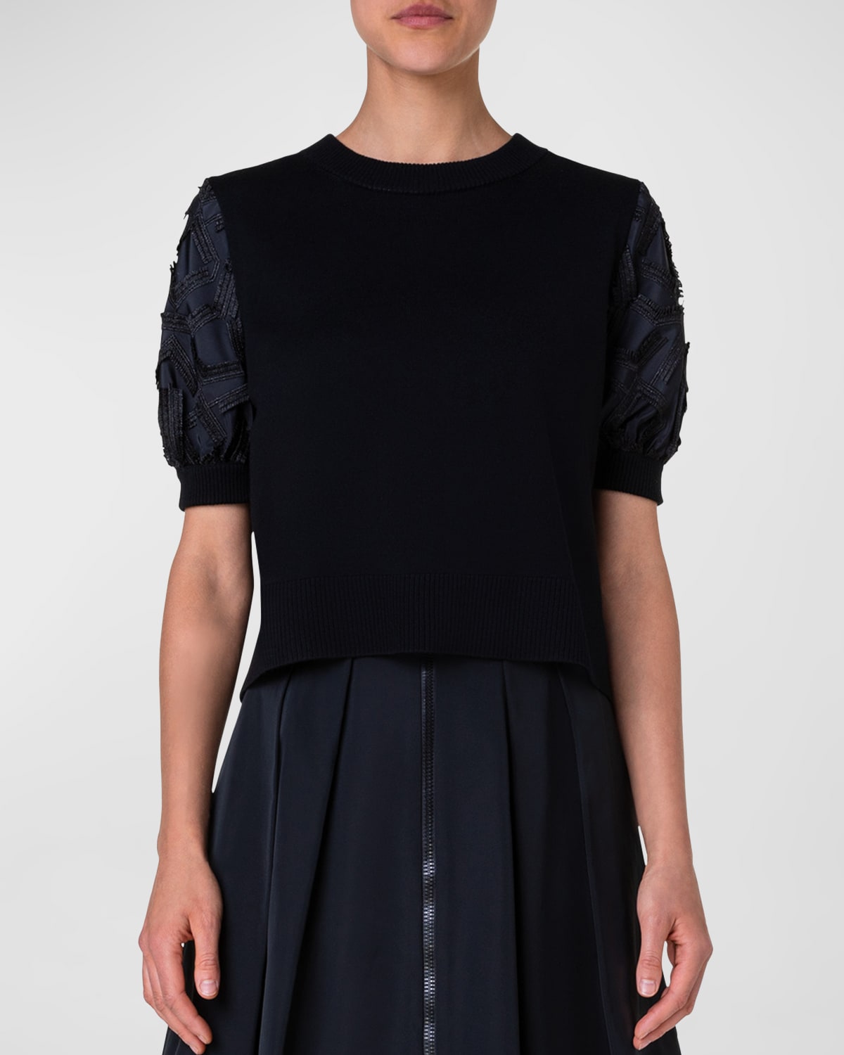 Shop Akris Punto Wool Knit Top With Embroidered Bishop Sleeves In Black-gold