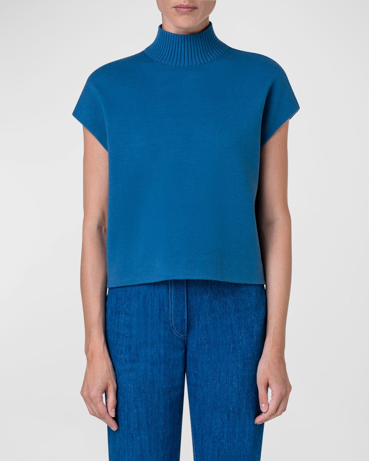 Akris Punto Turtleneck Cap-sleeve Merino Wool Sweater In Medium Blue Denim