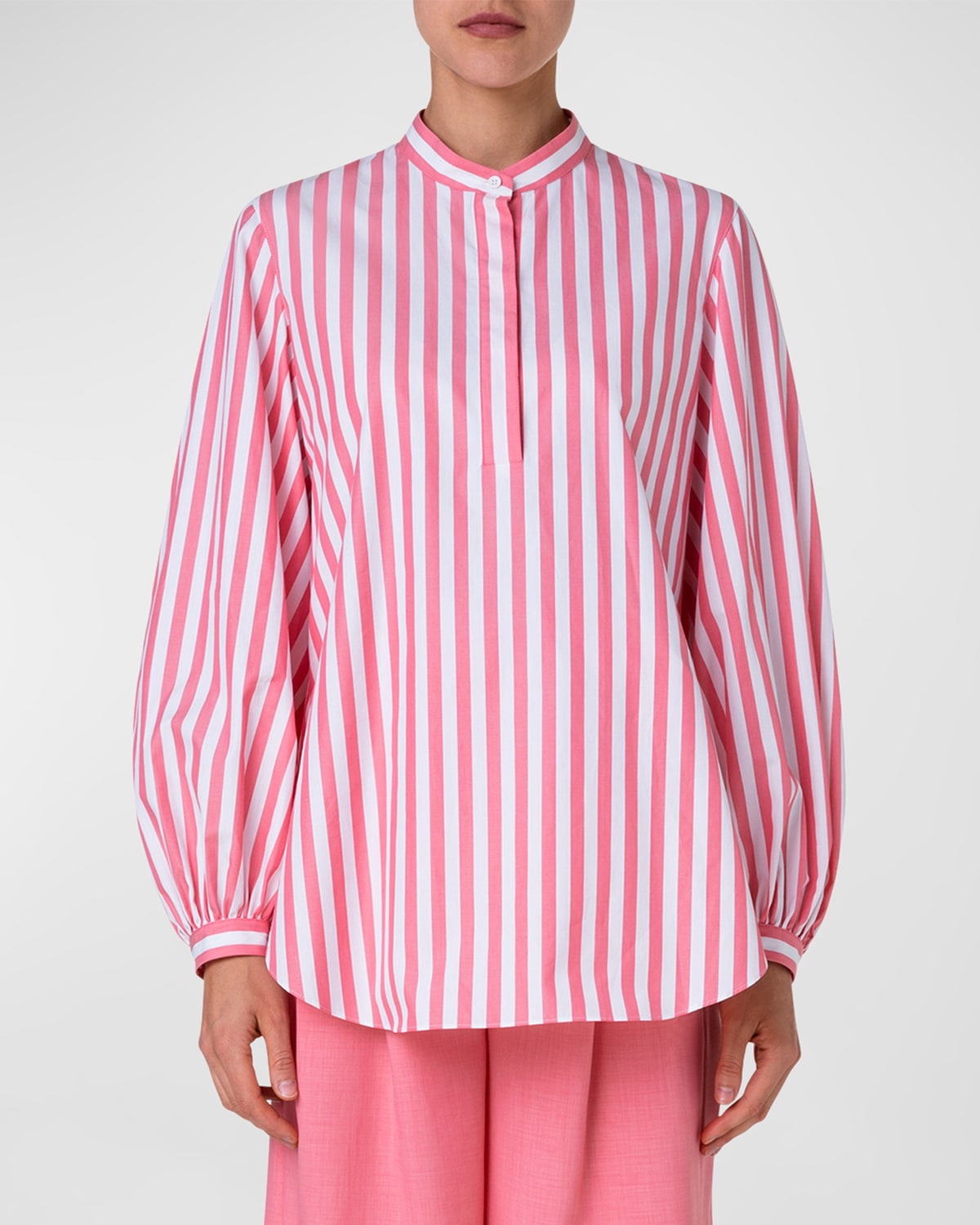 Shop Akris Punto Kodak Striped Cotton Polo Blouse In Flamingo-white