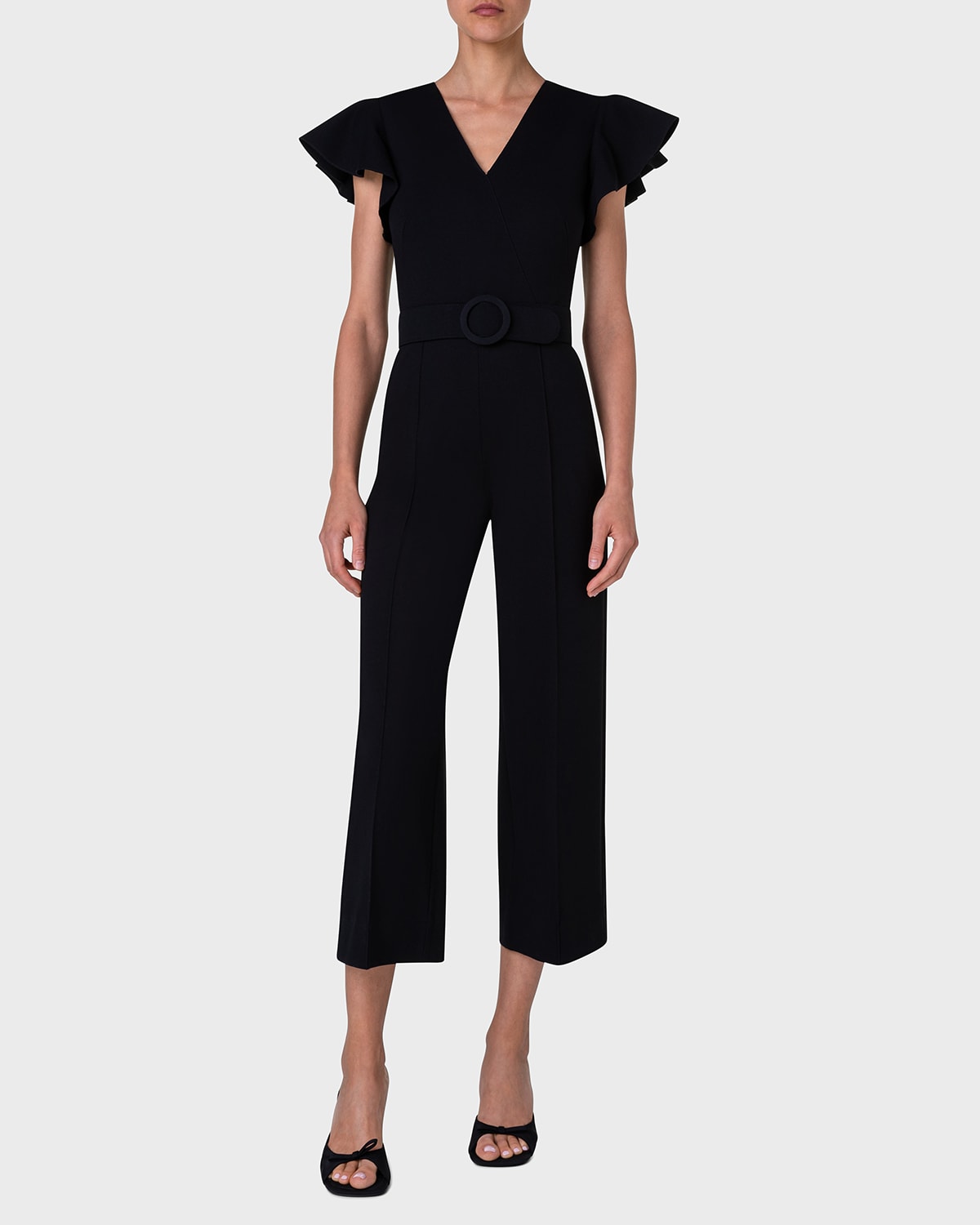 Shop Akris Punto Wing-sleeve Belted Straight-leg Ankle Jumpsuit In Black