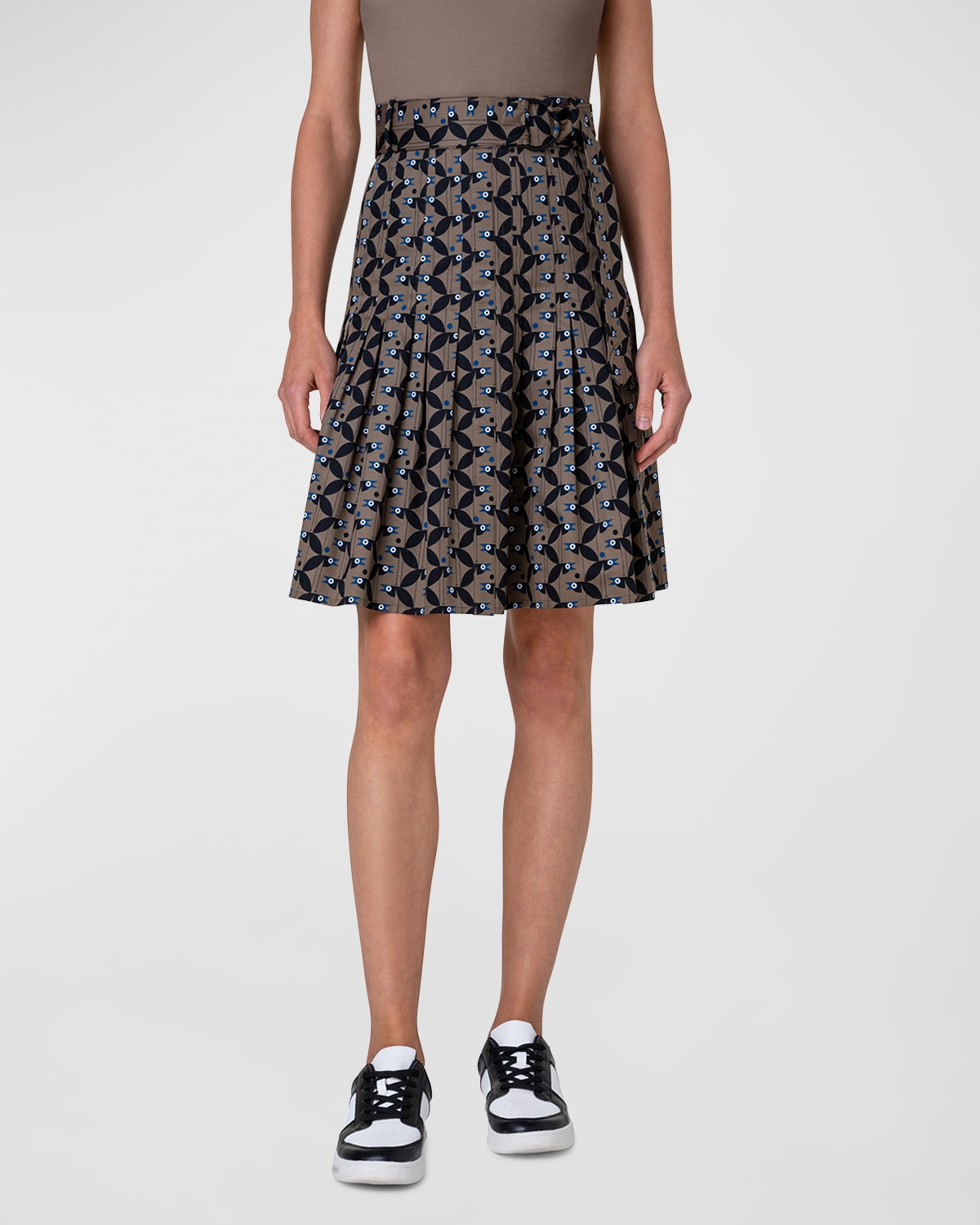 Shop Akris Punto Bird-print Pleated Cotton Satin Belted Skirt In Sage-black-ink