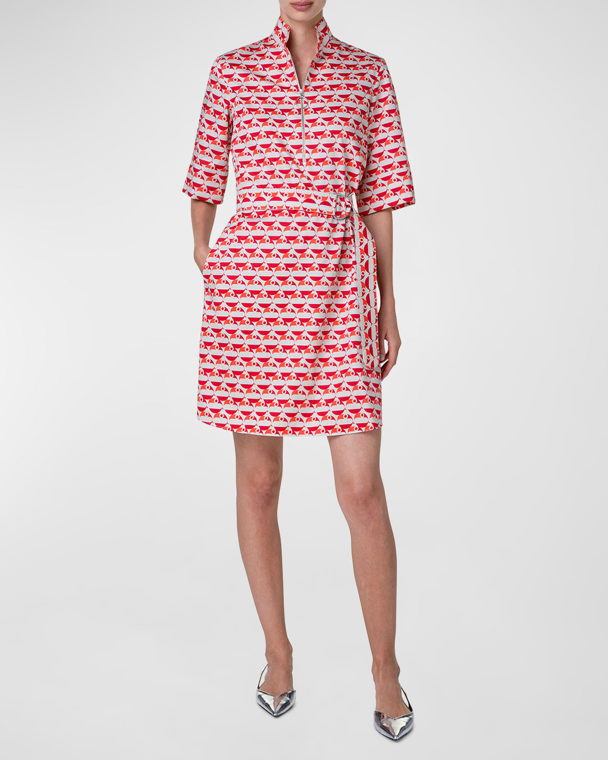 Akris Punto Bird Print Satin Belted Short Dress In Beige-red-coral