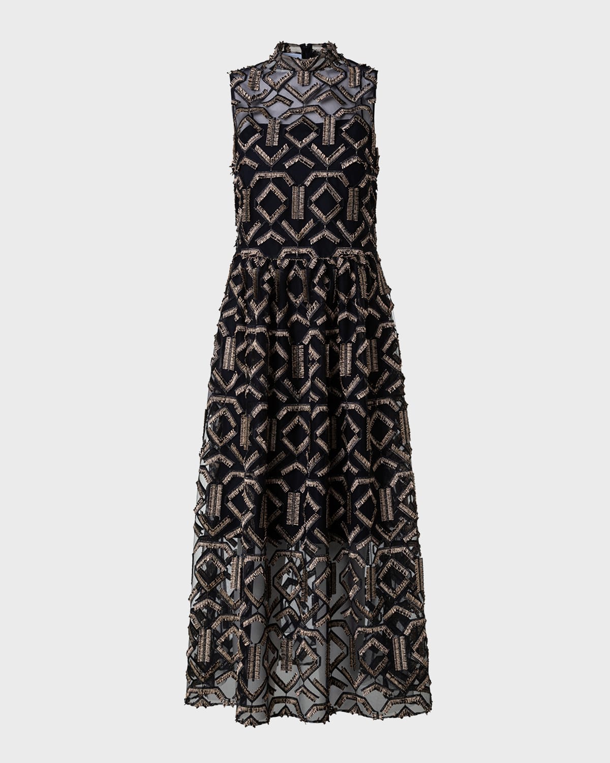 Akris Punto Geometric Metallic Tulle Mock Turtleneck Midi-dress In Black Gold In Black-gold