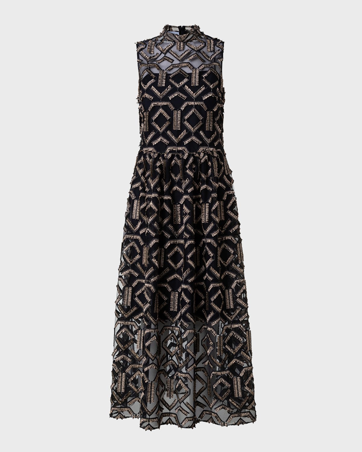 Shop Akris Punto Gold Fringe Embroidered Tulle Midi Dress In Black-gold