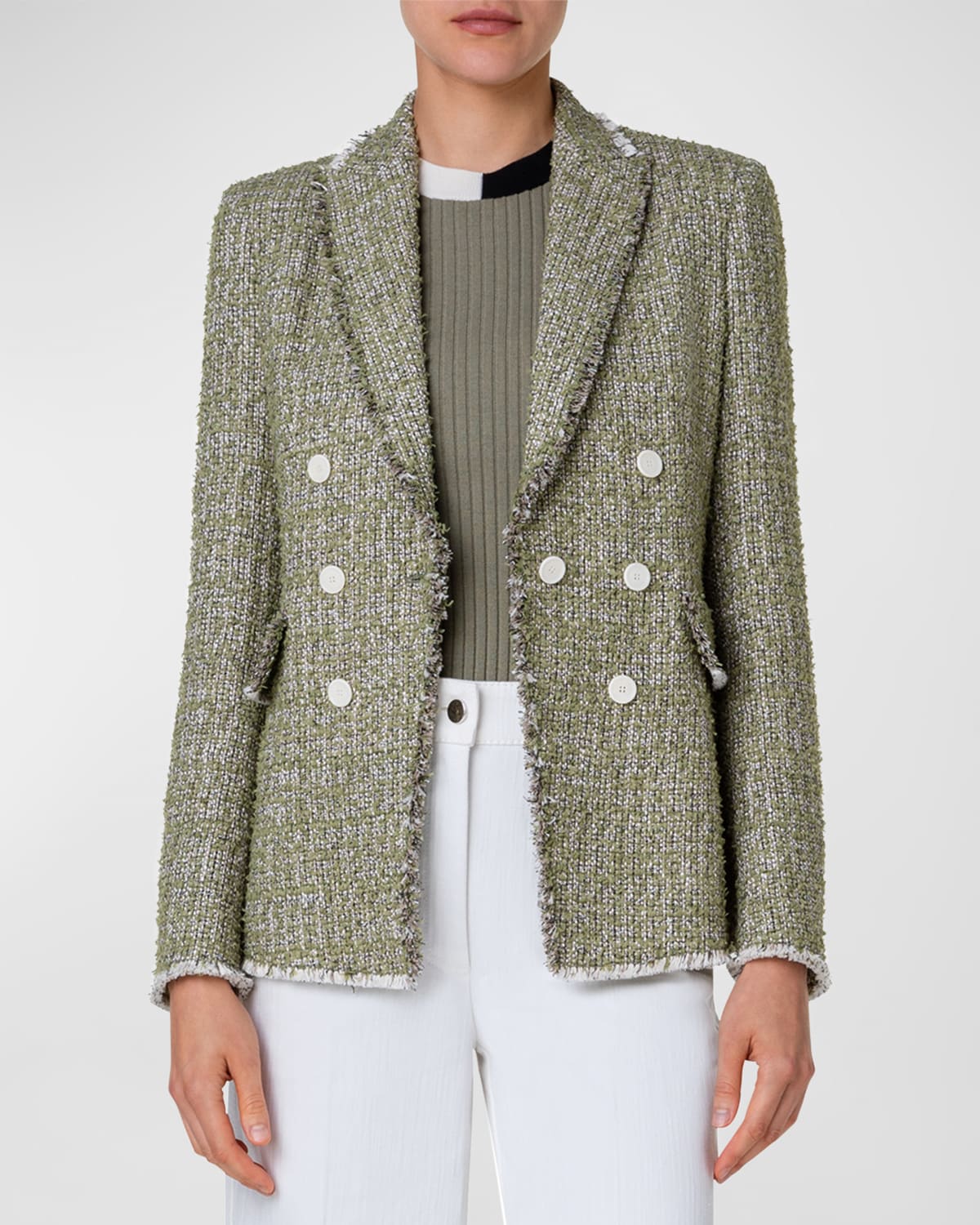 Shop Akris Punto Double-breasted Illusion Tweed Blazer Jacket In Sage-cream