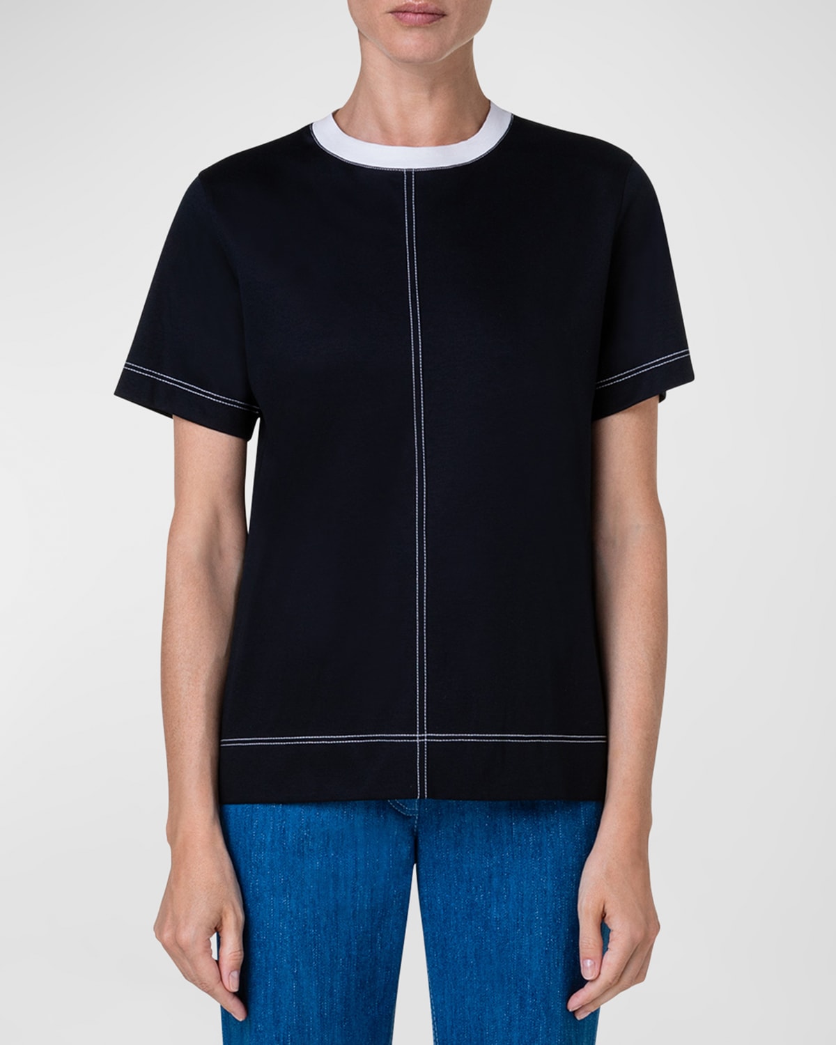 Shop Akris Punto Contrast Neck-trim Short-sleeve Topstich Jersey T-shirt In Black