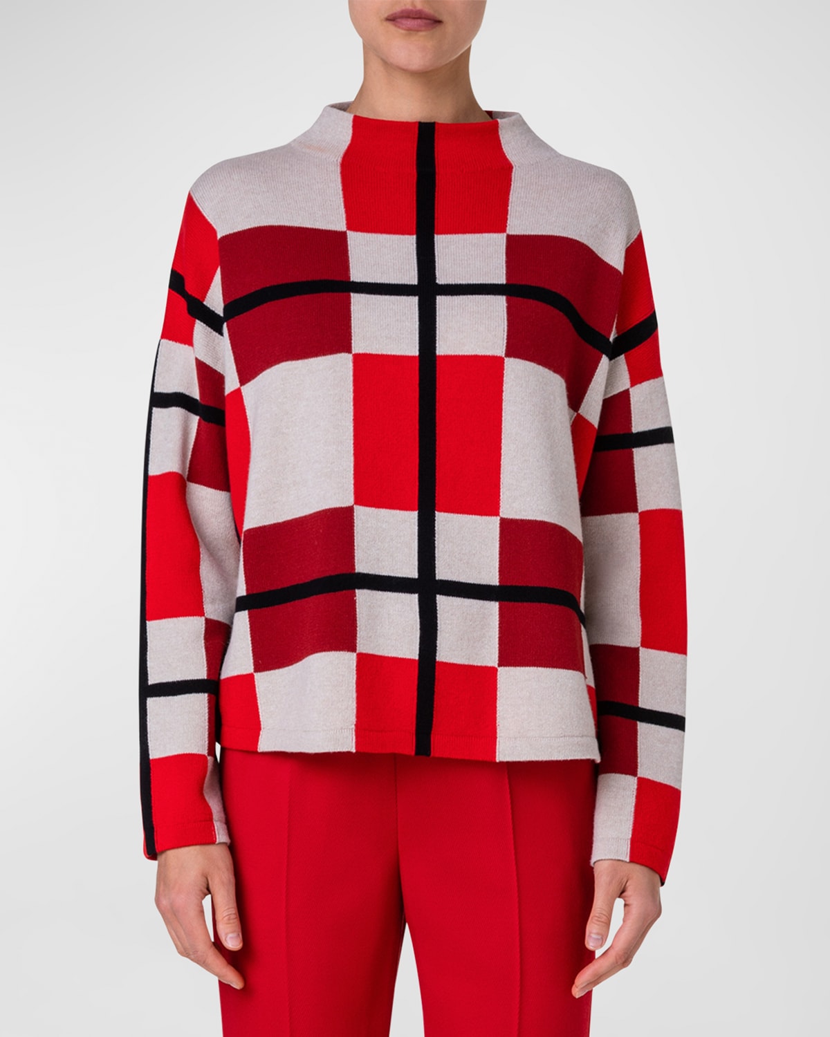 Shop Akris Punto Xl Cube Check Funnel-neck Wool-cashmere Sweater In Red-multicolor