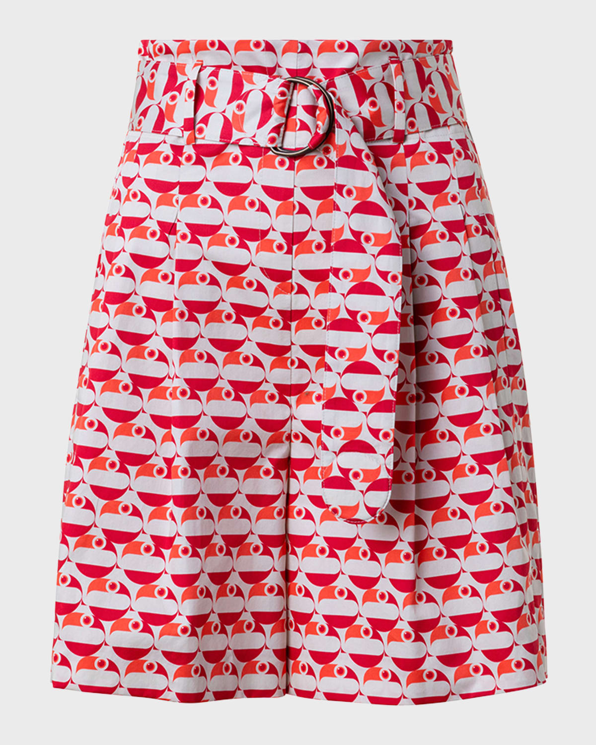 Shop Akris Punto Fiorellina Pelican Dot-print Cotton Satin Belted Bermuda Shorts In Beige-red-coral