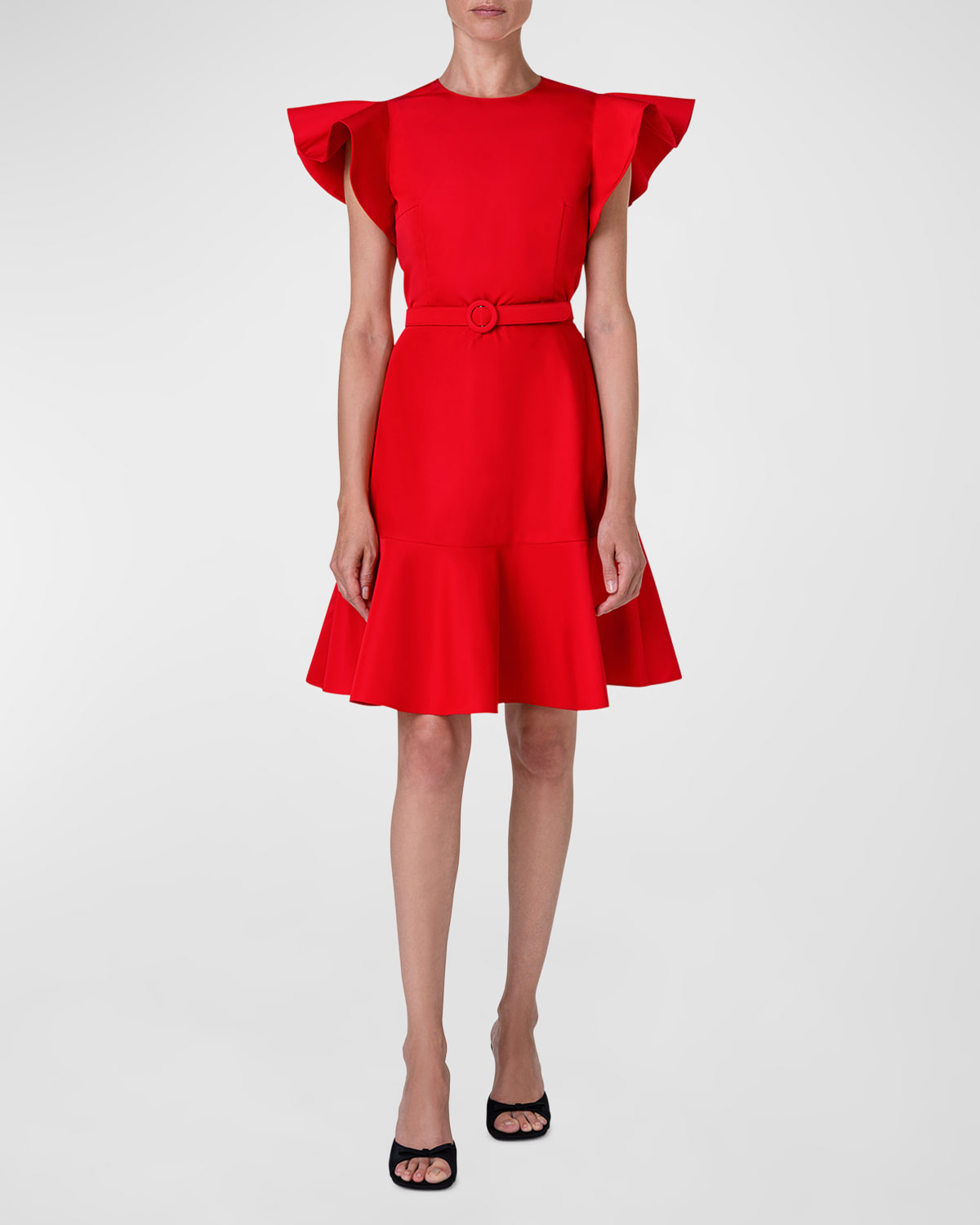 Shop Akris Punto Short Wing-sleeve Belted Taffeta Ruffle-hem Dress In Red
