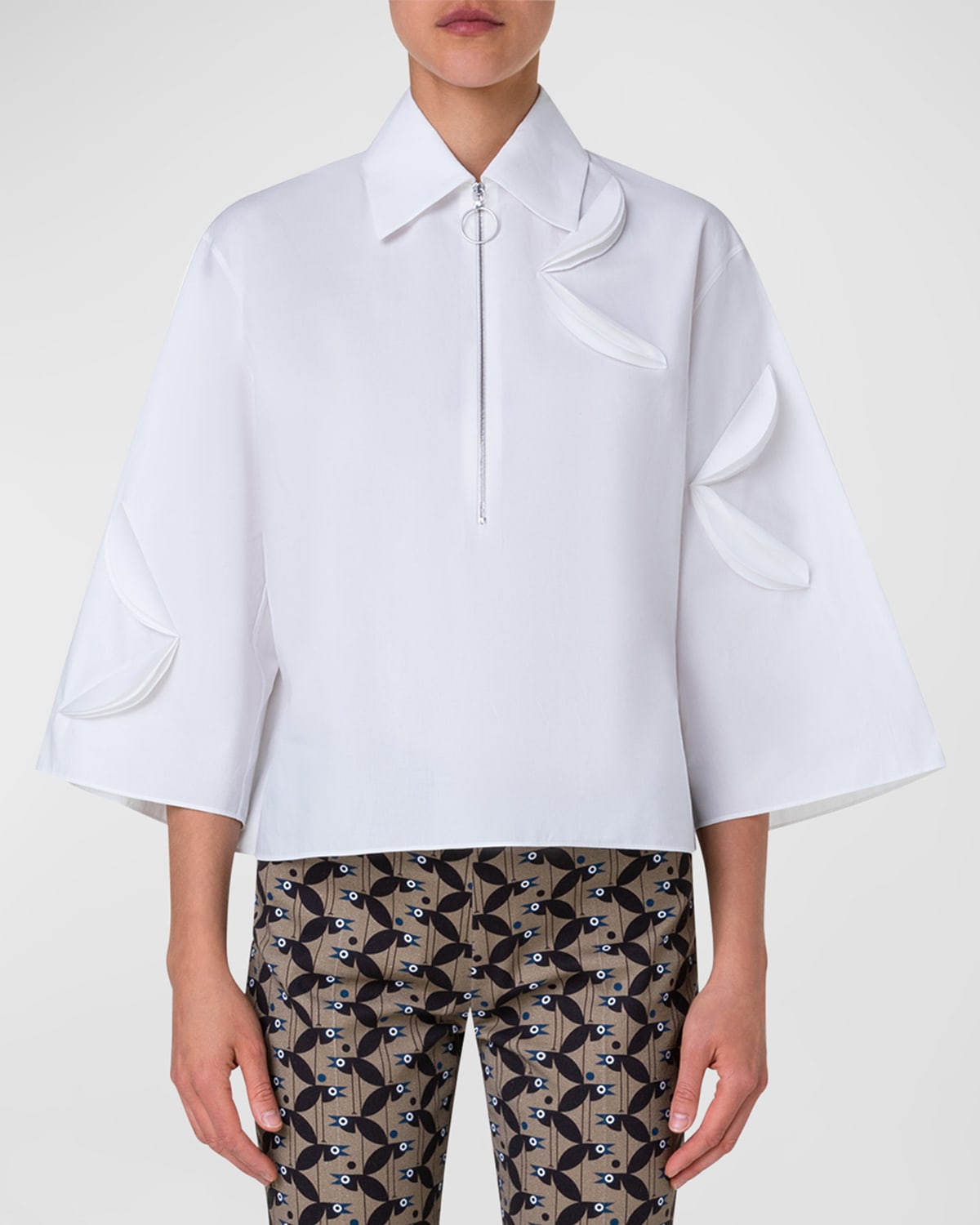 Shop Akris Punto Bird-applique Cotton-gabardine Quarter-zip Kimono Blouse In Cream
