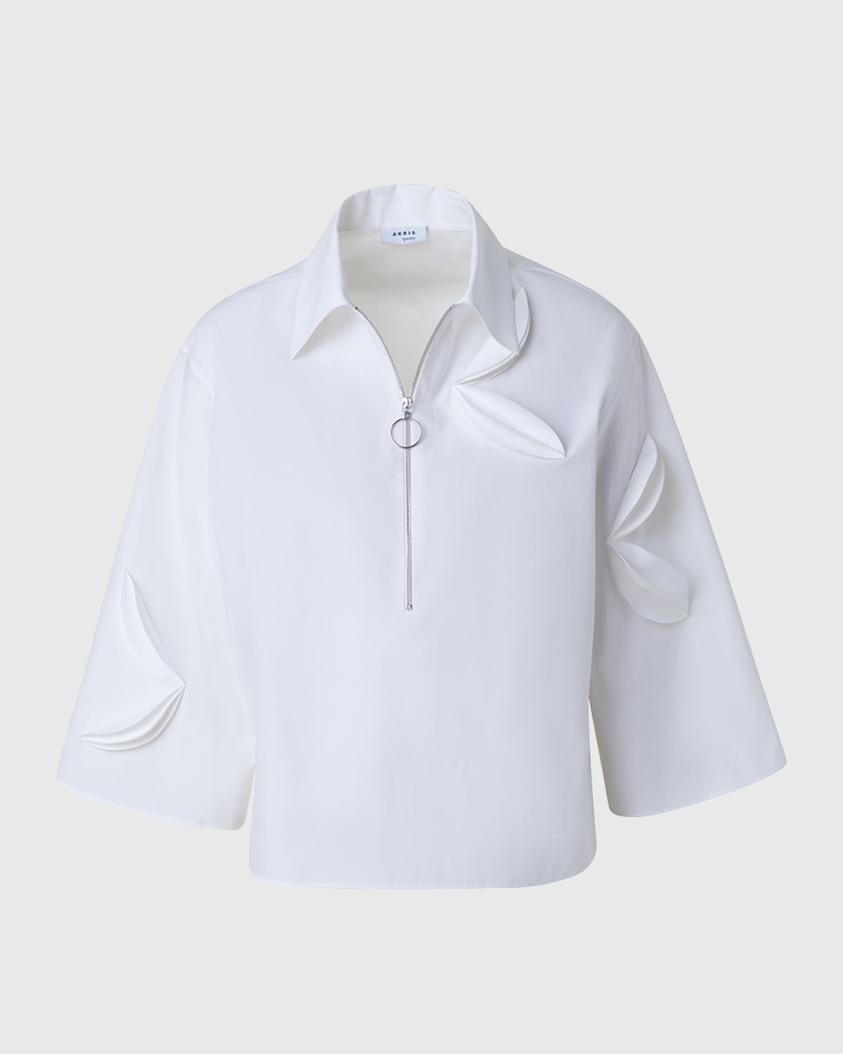 Akris Punto Bird-applique Cotton-gabardine Quarter-zip Kimono Blouse In Cream