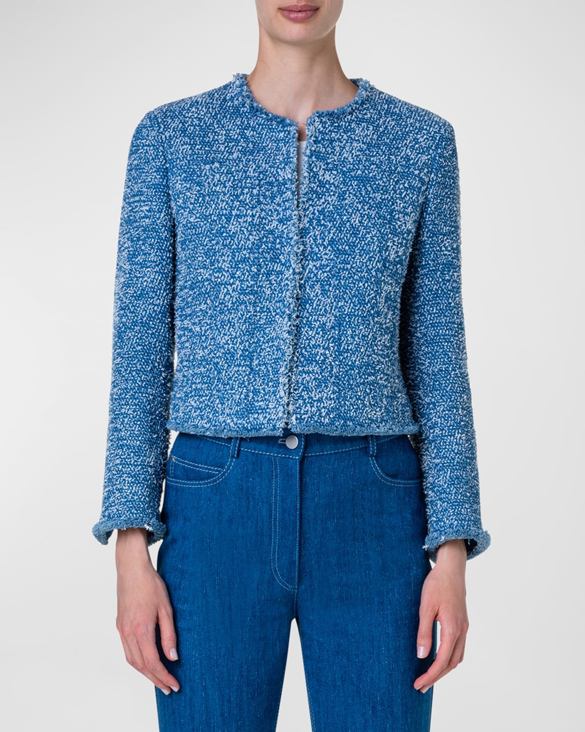 Shop Akris Punto Fringe Denim Tweed Boxy Cropped Jacket In Medium Blue Denim
