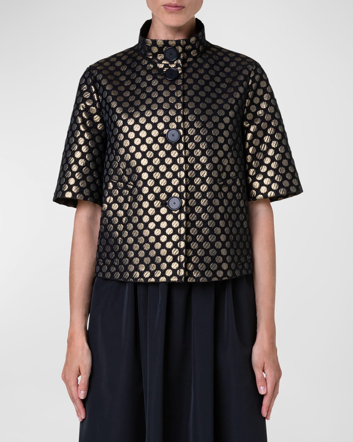 Shop Akris Punto Metallic Polka Dot Jacquard Cropped Jacket In Black-gold