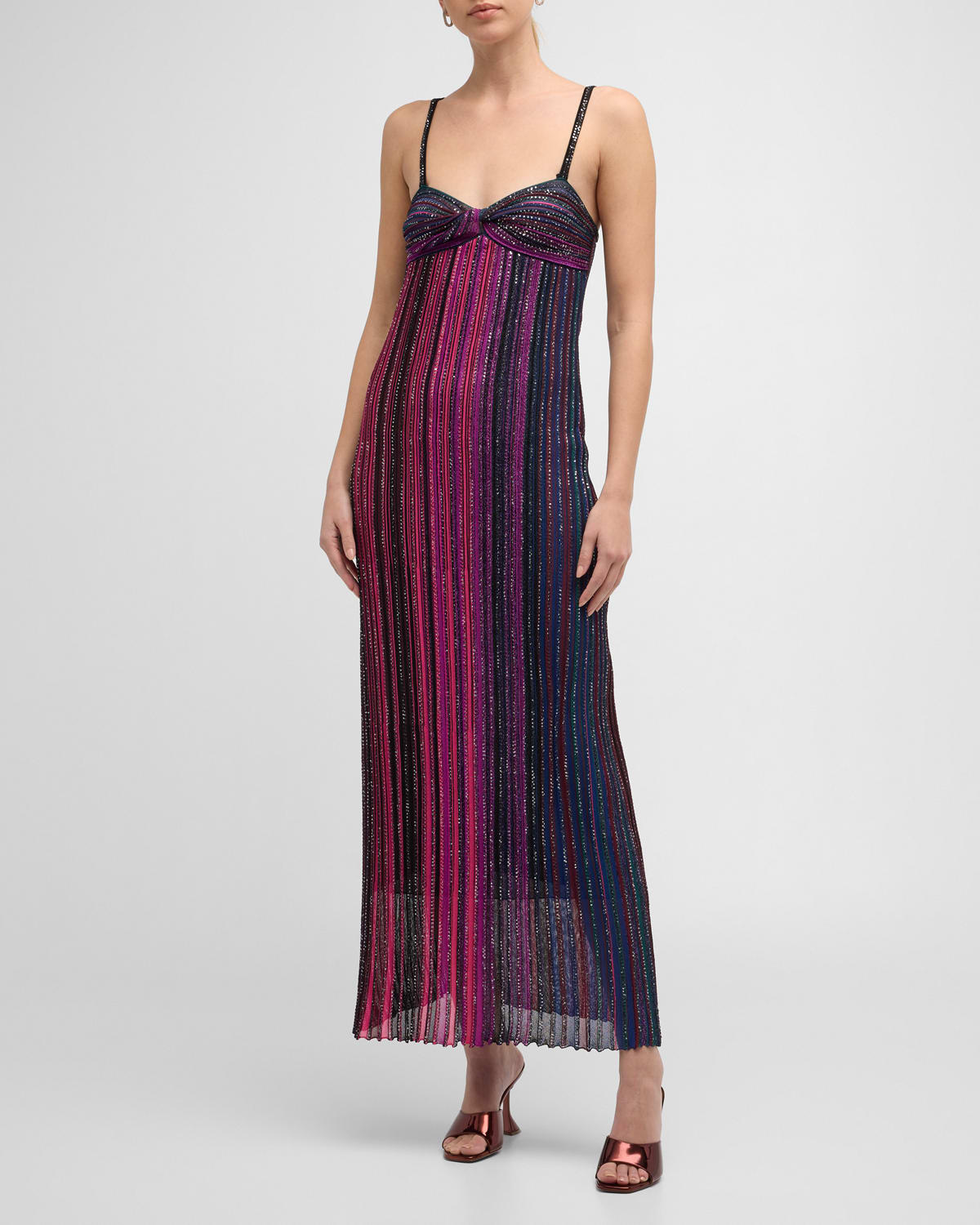 Twisted Empire-Waist Pleated Paillette Knit Maxi Dress