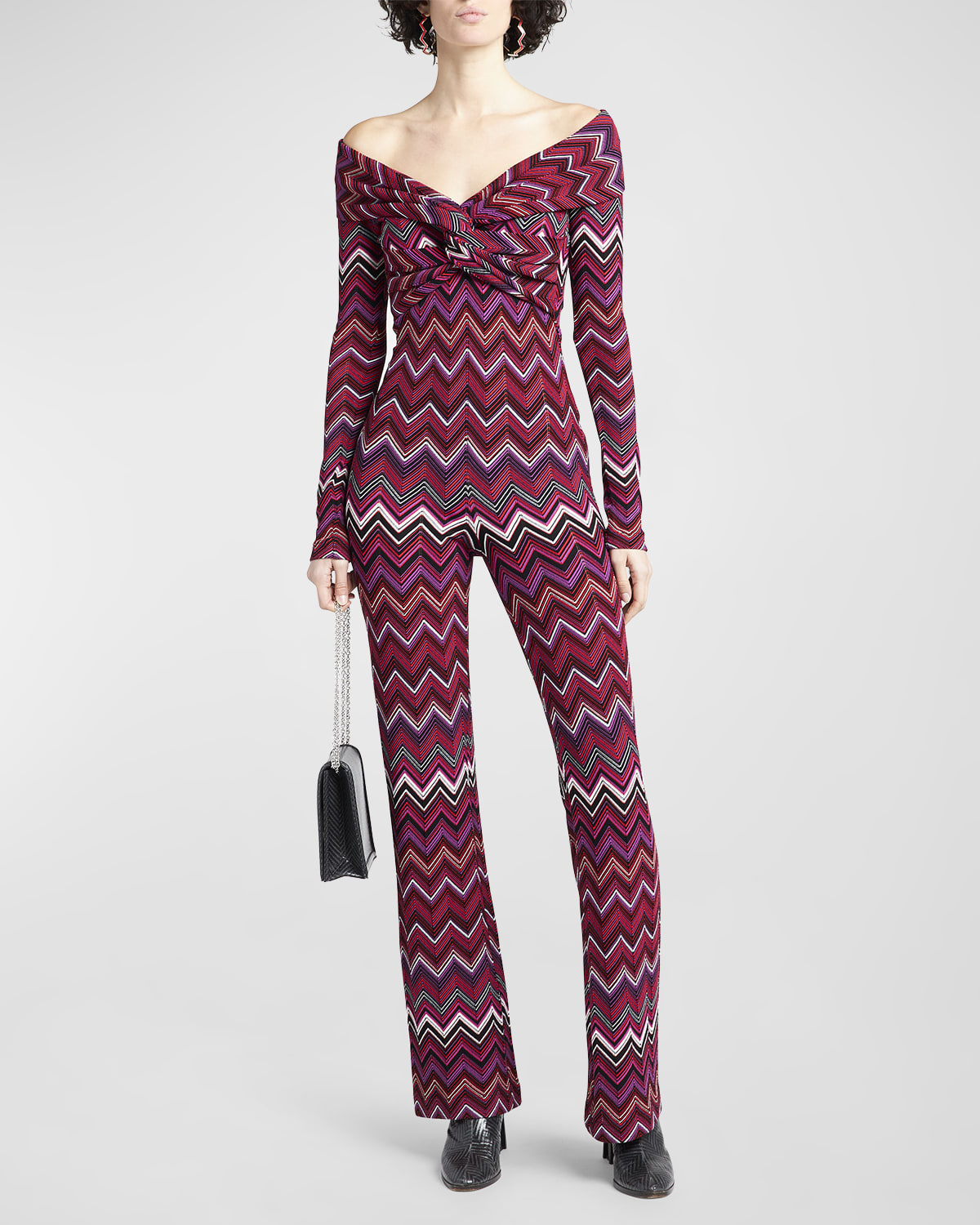 MISSONI TWISTED OFF-THE-SHOULDER CHEVRON KNIT BOOTCUT JUMPSUIT