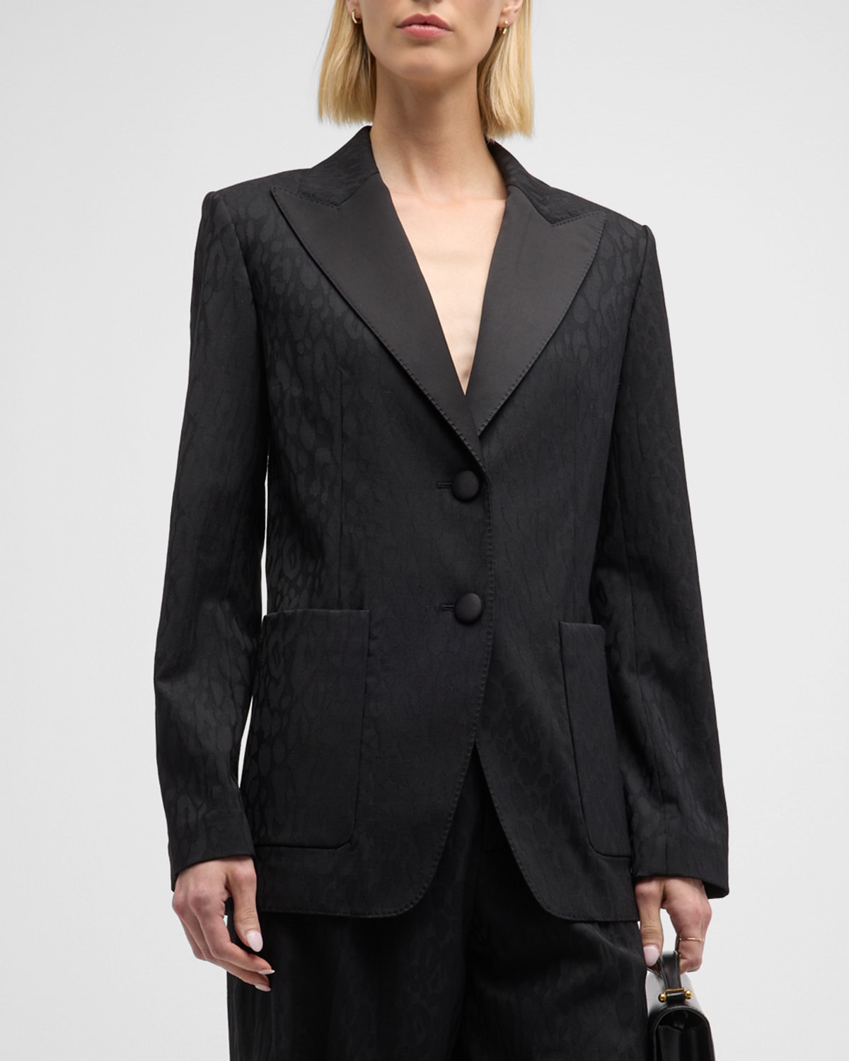 Shop St John Satin-lapel Leopard Jacquard Single-breasted Blazer Jacket In Black