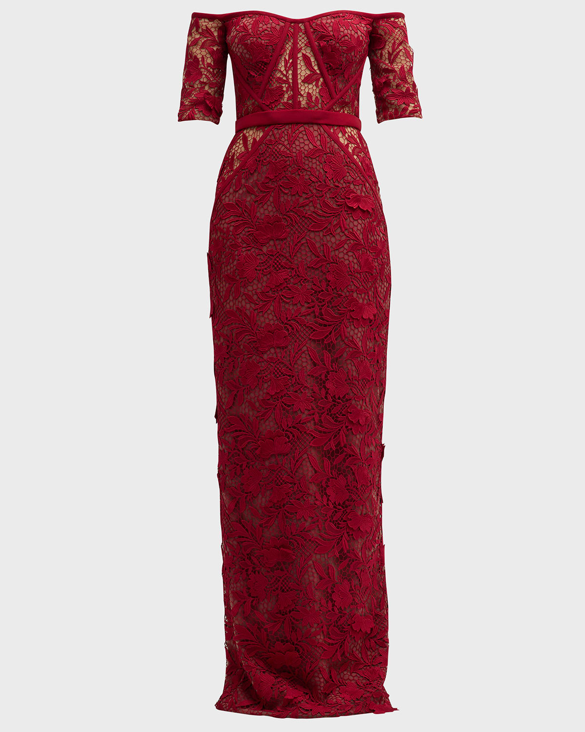 Off-The-Shoulder Cutout Lace Column Gown