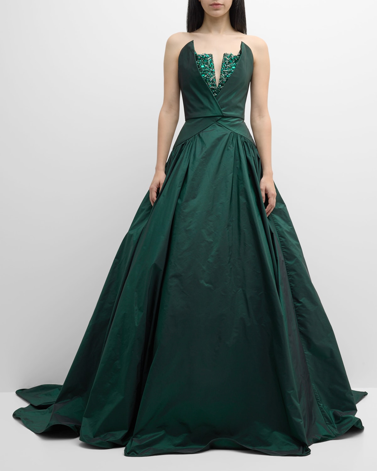 Beaded Structured Strapless Taffeta Gown