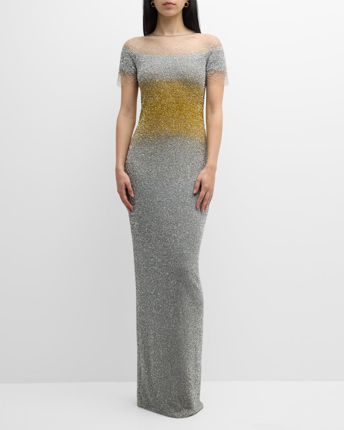 Pamella Roland Bicolor Degrade Sequin Embellished Illusion Gown In Silver Gold