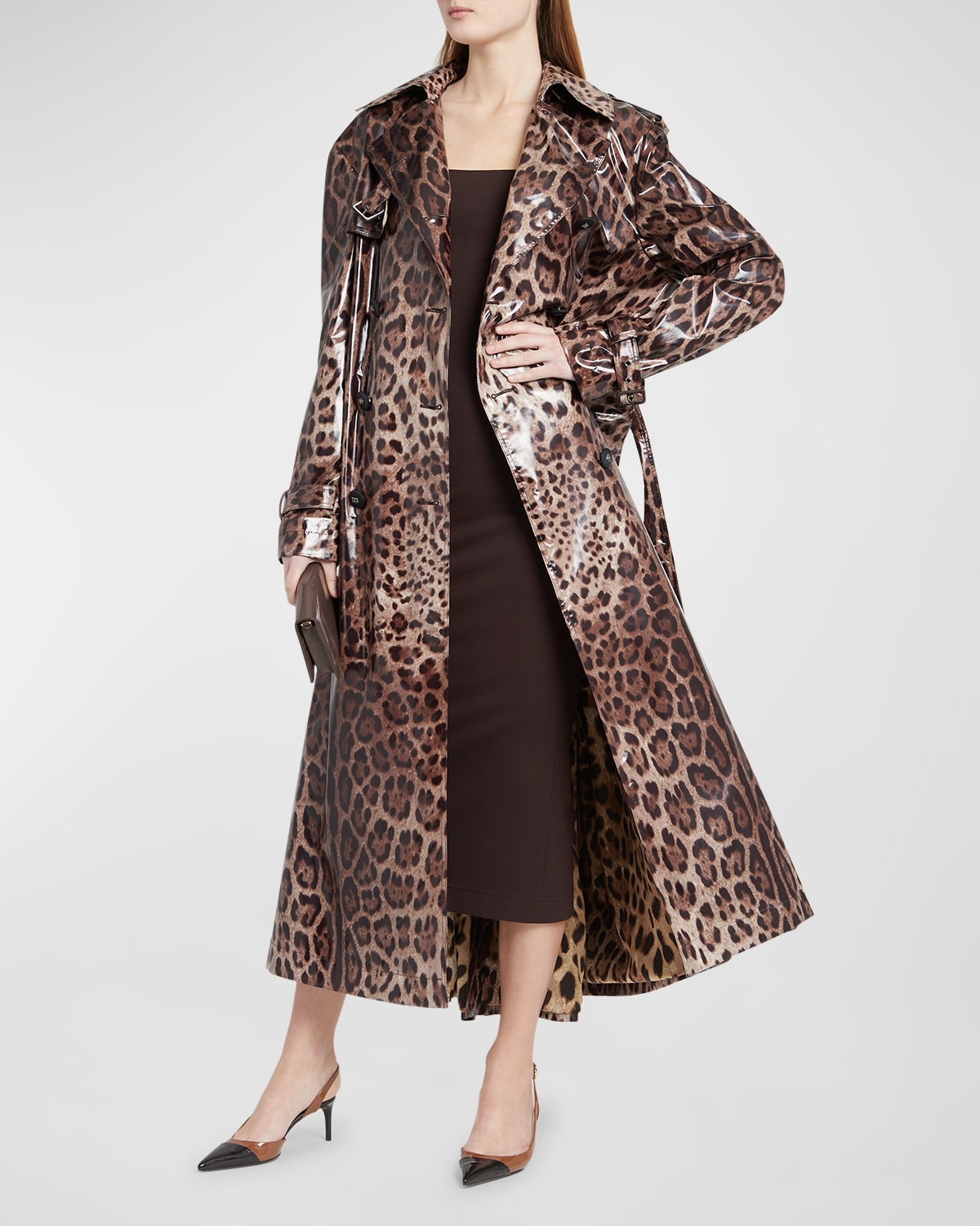 DOLCE & GABBANA LEOPARD-PRINT BELTED SHINY LONG TRENCH COAT