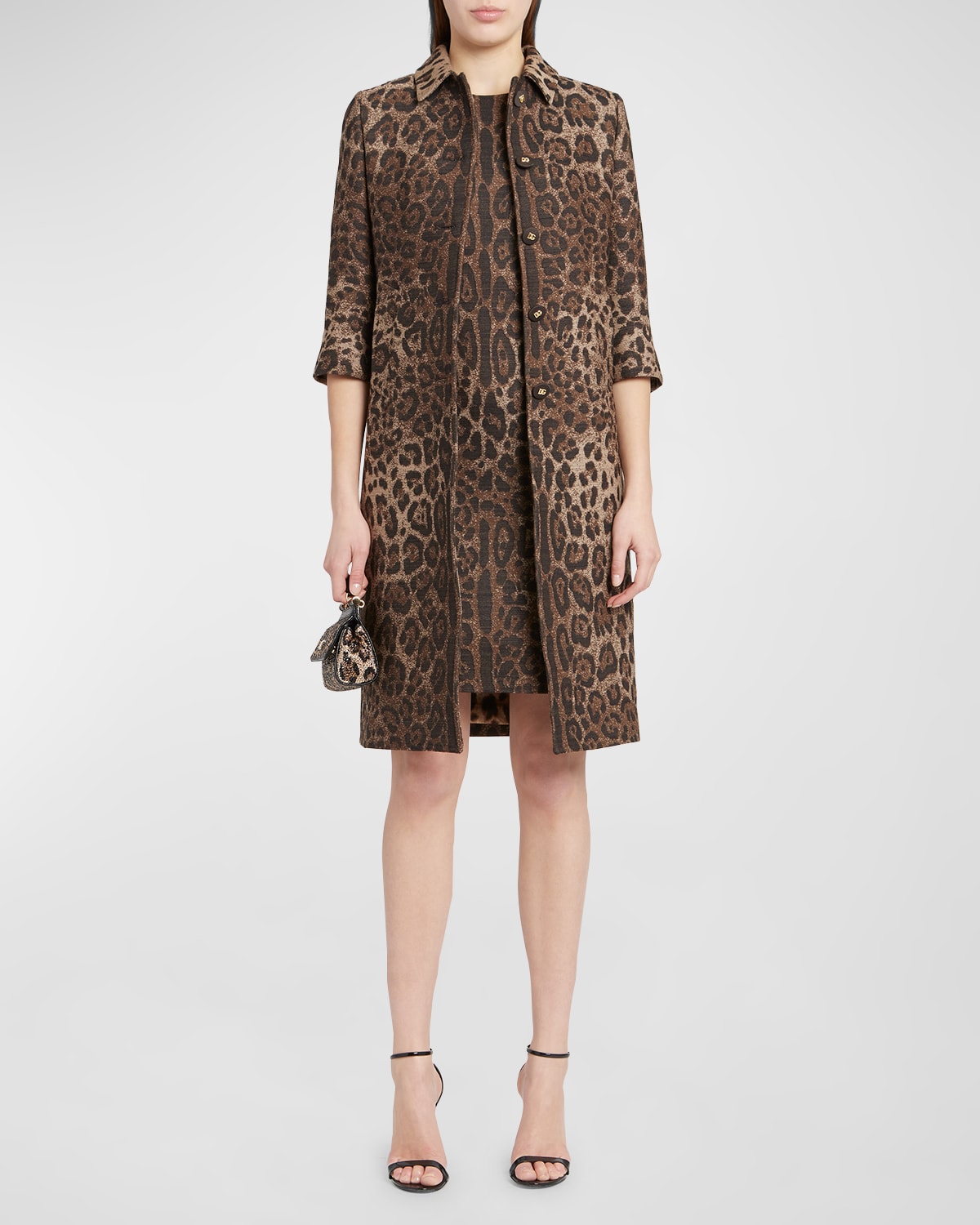 Dolce & Gabbana Leopard Jacquard 3/4-sleeve Coat In Brown