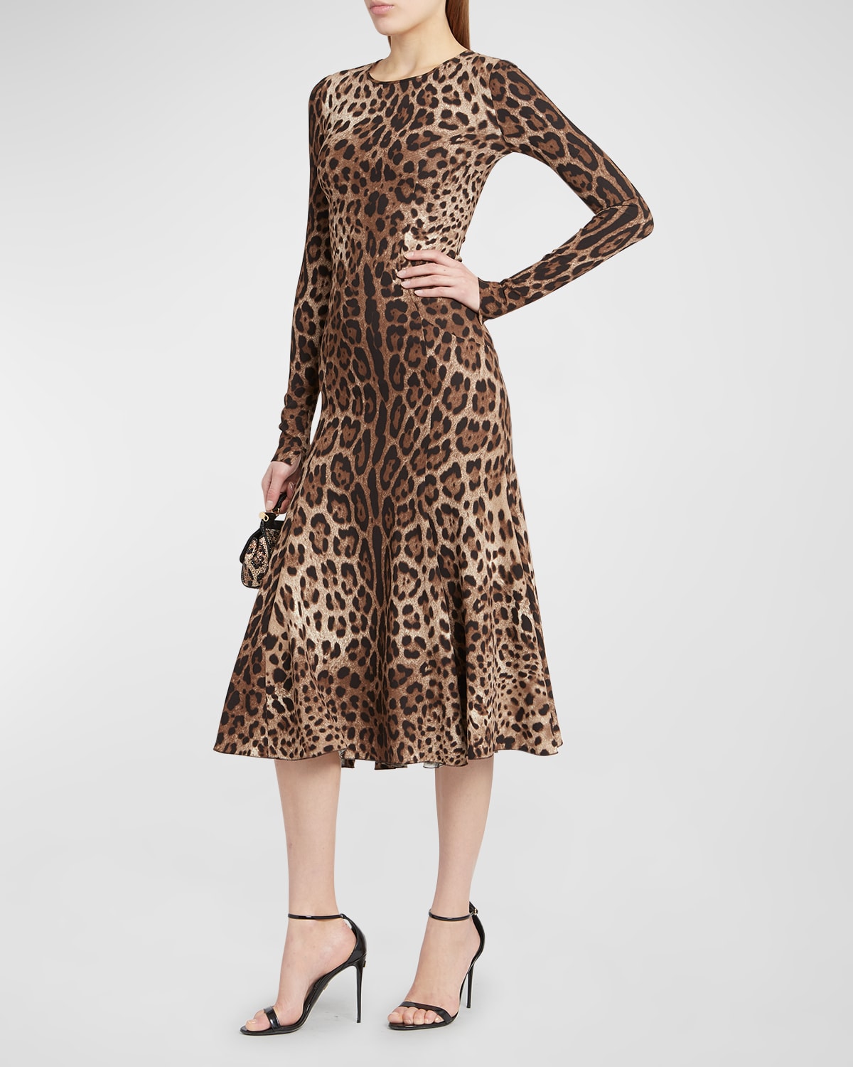 Shop Dolce & Gabbana Leopard-print Long-sleeve Fit-&-flare Midi Dress In Ltbrownprt