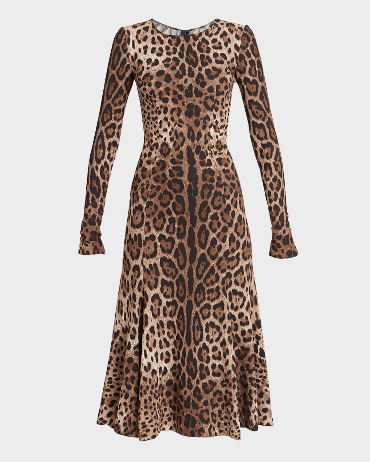 Dolce & Gabbana Leopard Print Long Sleeve Cady Midi Dress In Ltbrownprt