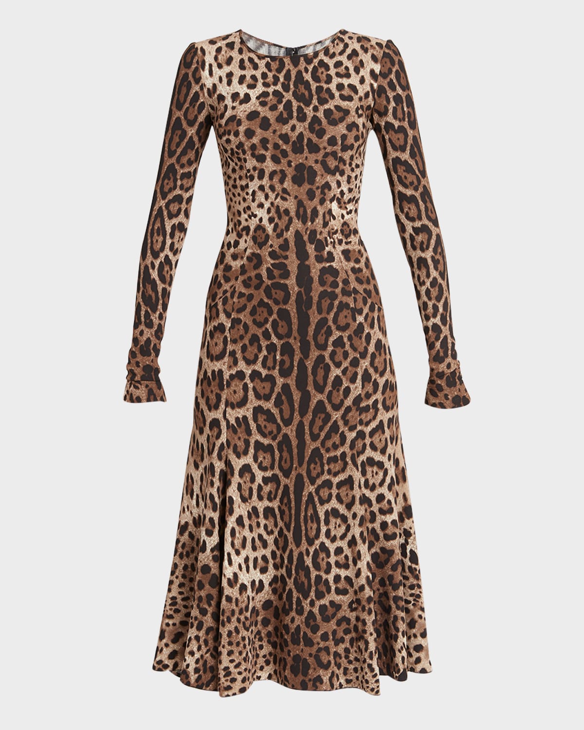 Shop Dolce & Gabbana Leopard-print Long-sleeve Fit-&-flare Midi Dress In Ltbrownprt