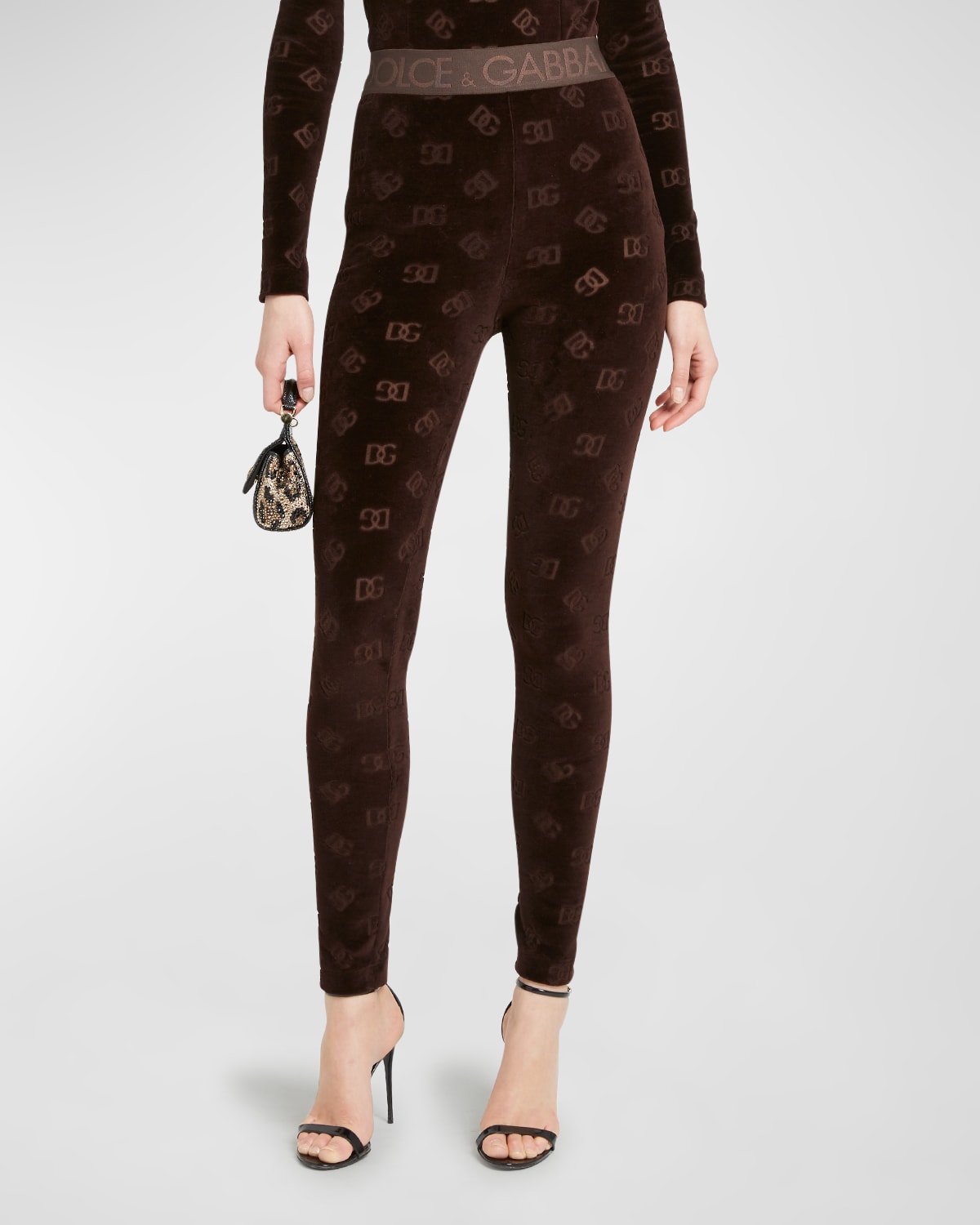 Dolce & Gabbana Dg Motif Leggings In Dark Brown