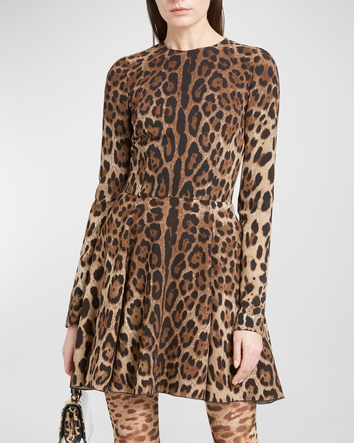 Shop Dolce & Gabbana Leopard-print Long-sleeve Mini Dress In Ltbrownprt