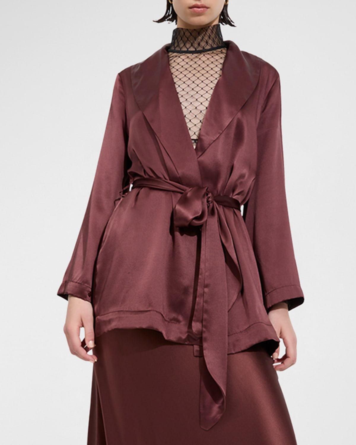 Sleeping With Jacques Bon Vivant Shawl-collar Mini Silk Dressing Gown In Chocolate