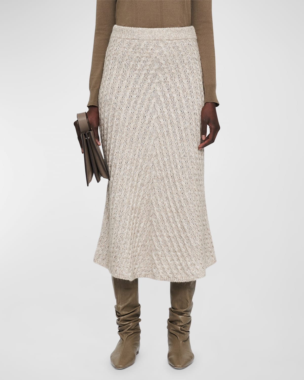 Shop Joseph Straight Cable-knit Midi Skirt In Khaki