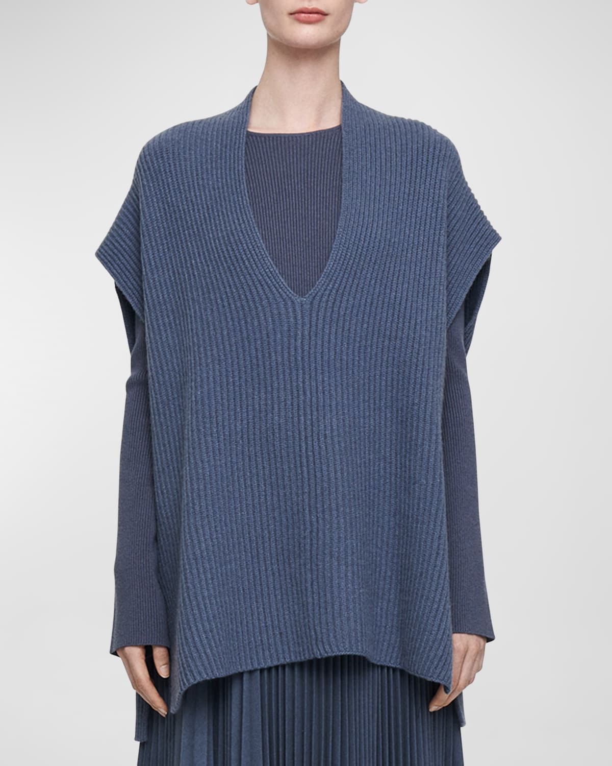 Joseph Ribbed Deep V-neck Cashmere Pullover In Cloudy Blue