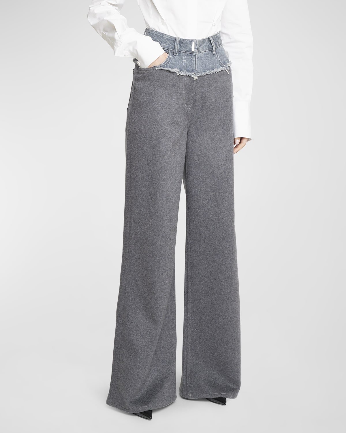 Shop Givenchy Bi-material Wide-leg Denim Pants In Grey
