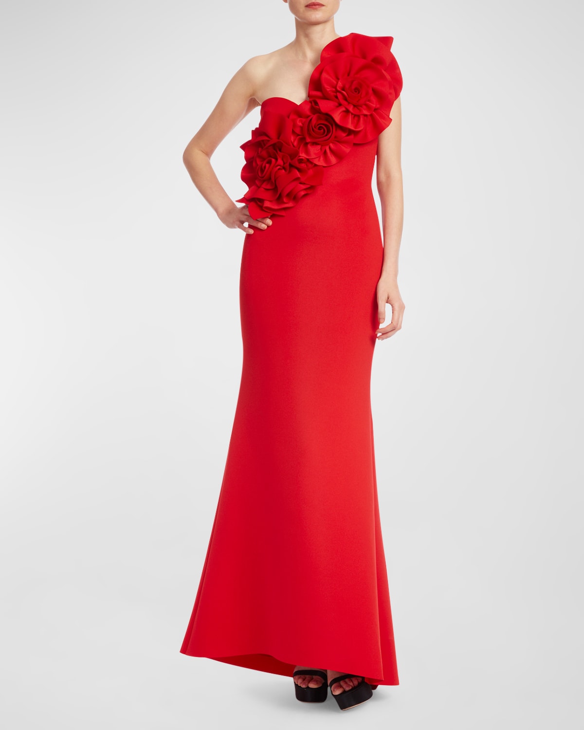 Badgley Mischka One-shoulder Rosette Scuba Gown In Red