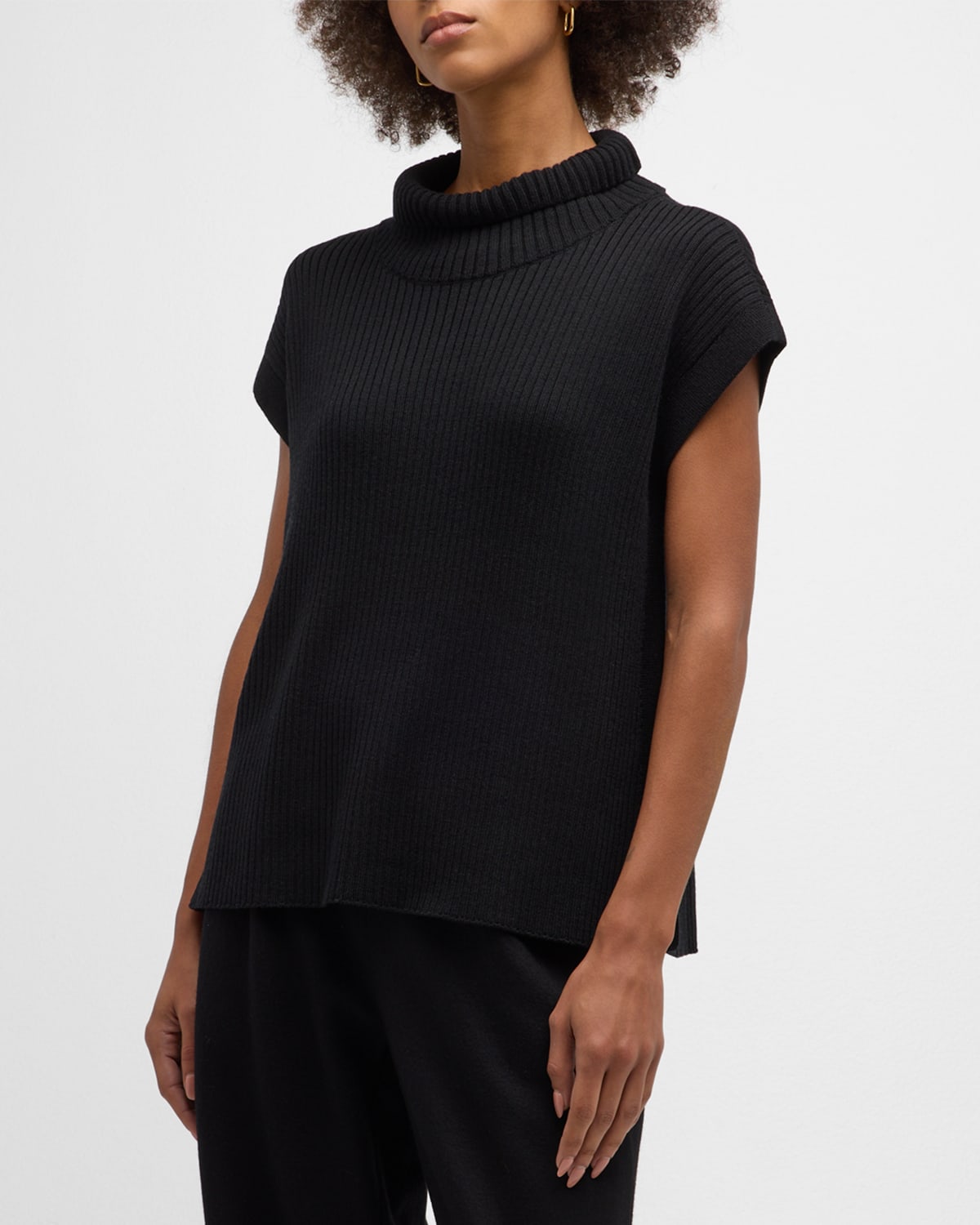 Eileen Fisher Ribbed Turtleneck Wool Tank In Black