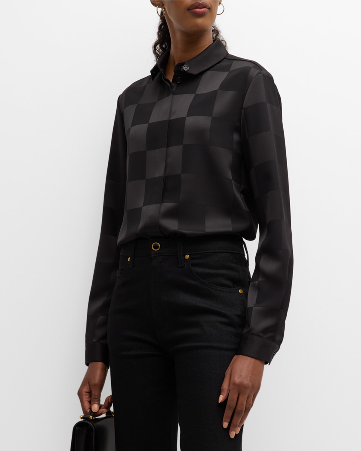 Emporio Armani Button-down Checkered Satin Blouse In Black